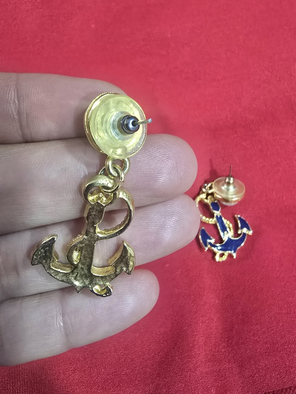 Navy Blue Anchor Drop Earrings with Pearl Stud - Picture 4 of 6
